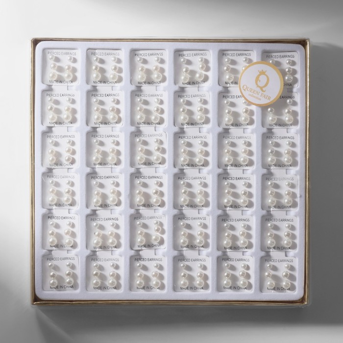 Пусеты в коробке 108 пар "Жемчужинки", 4, 5, 6 мм, цвет молочный в серебре