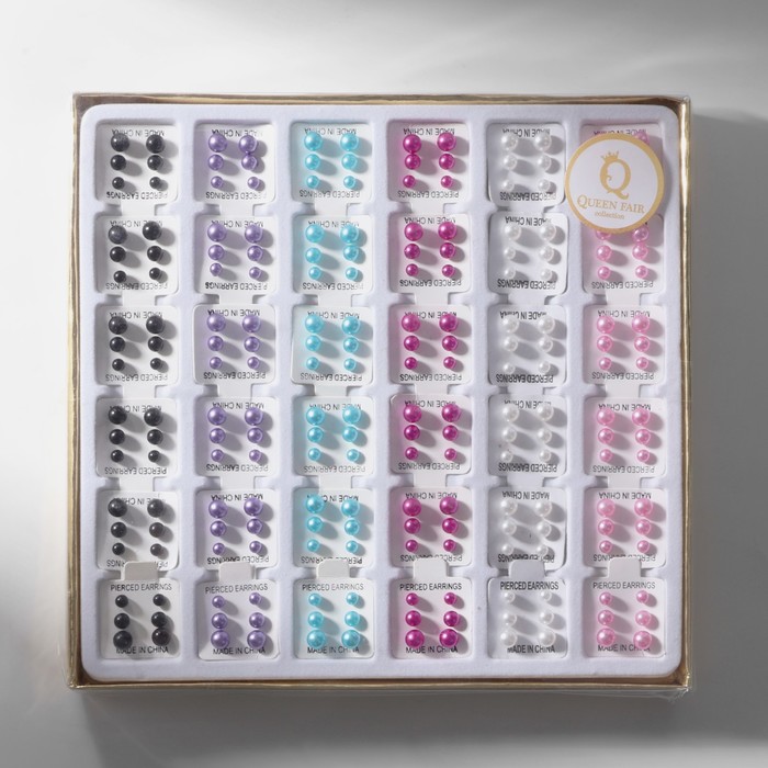 Пусеты в коробке 108 пар "Жемчужинки", 4, 5, 6 мм, цветные в серебре