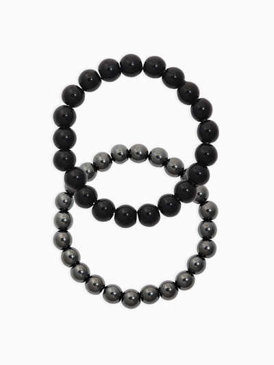 Набор браслетов из бусин «Гематит и Агат», 2 шт. шар №8, №10, чёрный, металлик