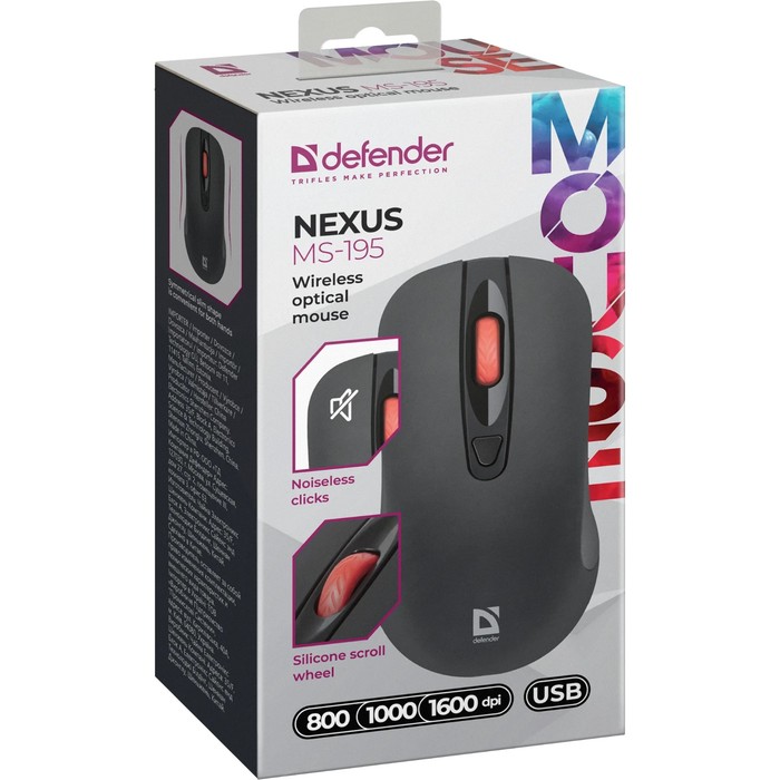 Мышь Defender Nexus MS-195, беспроводная, оптическая, 1600 dpi, 2×AAA, USB, черная - фото 51553045