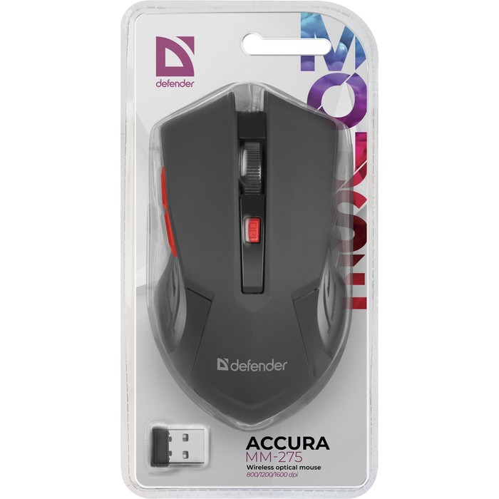 Мышь Defender Accura MM-275,беспроводная,оптическая, 1600 dpi, 1×AAA, 6 кнопок, USB,красная - фото 51548211