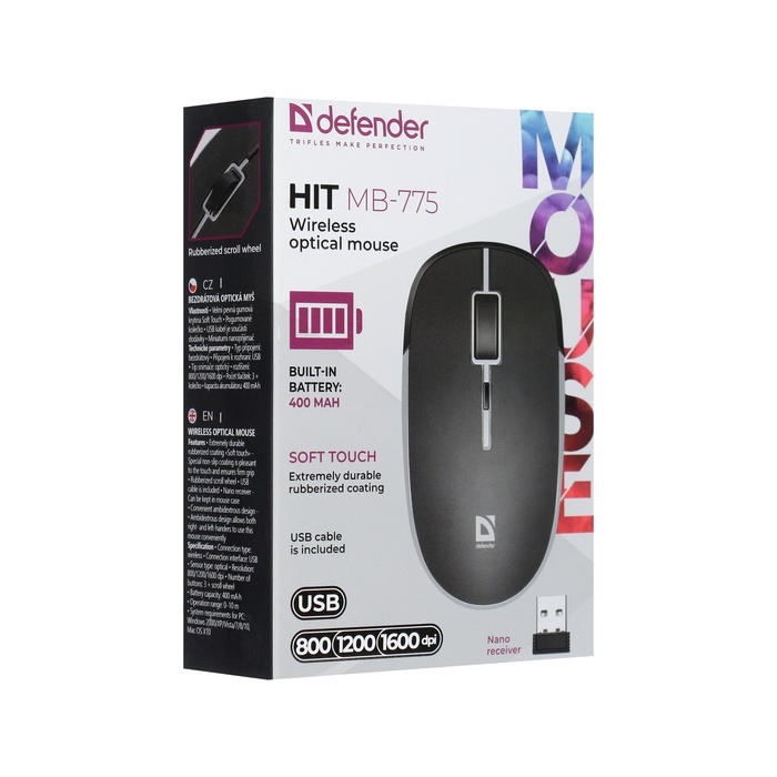 Мышь Defender Hit MB-775,беспроводная,оптическая, 1600 dpi, 400 мАч, USB,черная - фото 51559792