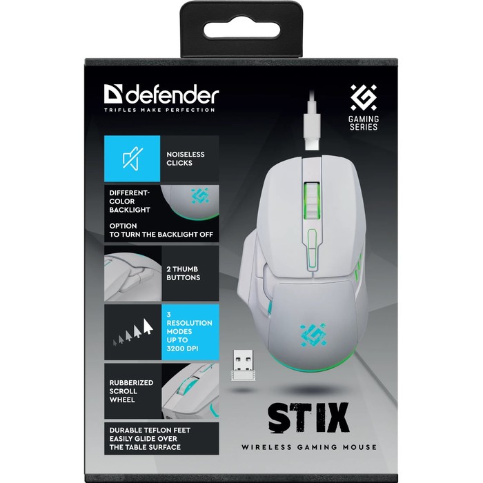 Мышь Defender Stix GM-009, беспроводная, оптическая, 3200 dpi, 500 мАч,7 кнопок USB,белая - фото 51548281