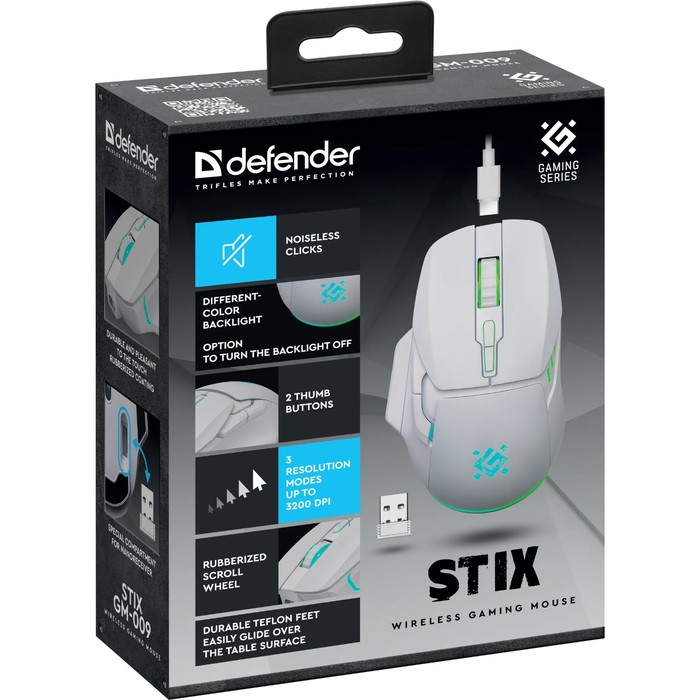 Мышь Defender Stix GM-009, беспроводная, оптическая, 3200 dpi, 500 мАч,7 кнопок USB,белая