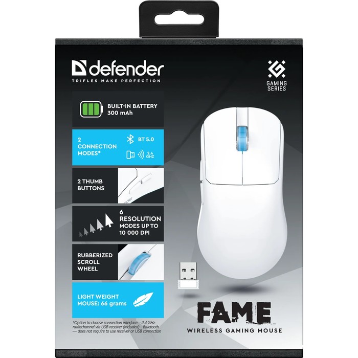 Мышь Defender Fame GM-516, беспроводная, оптическая, 10000 dpi, 300 мАч USB,белая