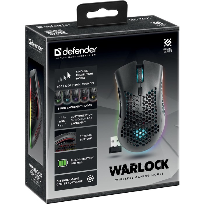Мышь Defender Warlock GM-709L,беспровод,оптическая,RGB,2400 dpi,400 мАч,8 кнопок,USB,черная