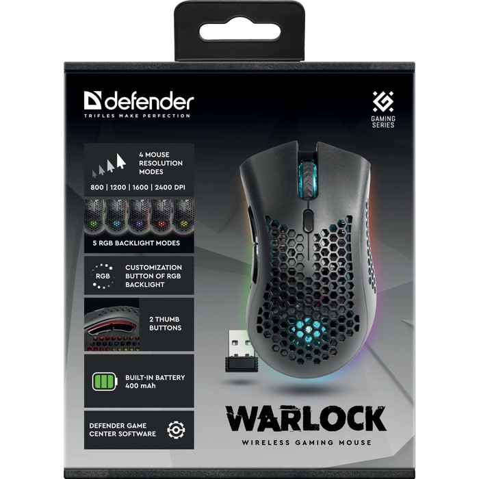 Мышь Defender Warlock GM-709L,беспровод,оптическая,RGB,2400 dpi,400 мАч,8 кнопок,USB,черная