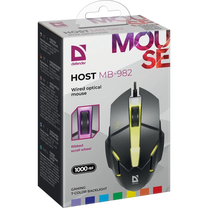 Мышь Defender Host MB-982, проводная, оптическая, игровая, подсветка, 1000 dpi, USB, черная
