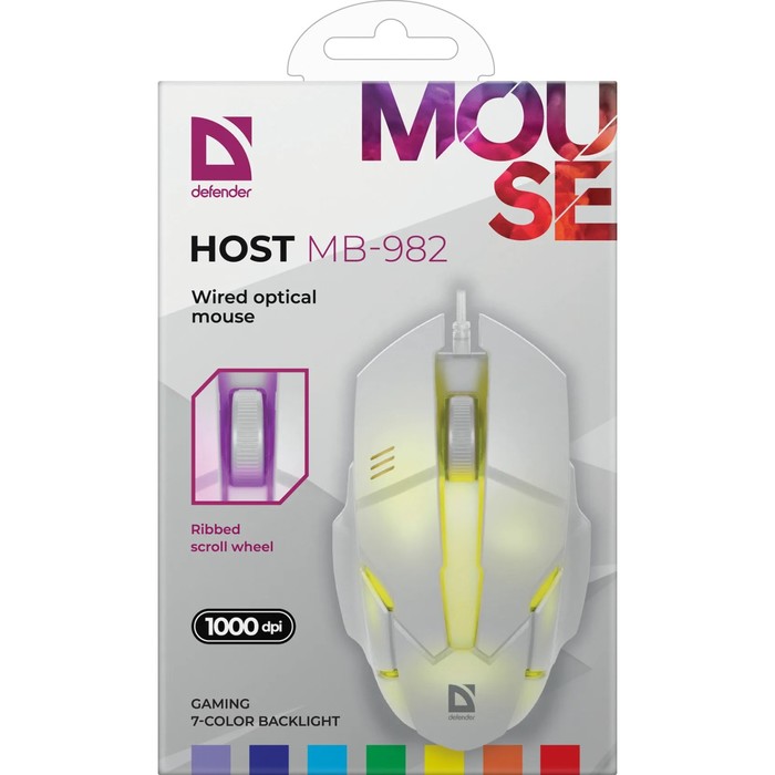 Мышь Defender Host MB-982, проводная, оптическая, игровая, подсветка, 1000 dpi, USB, белая