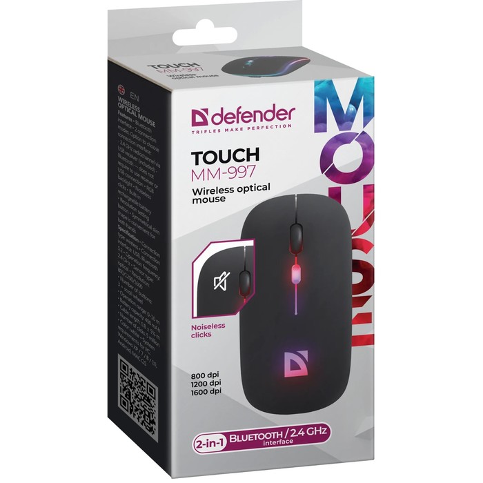 Мышь Defender Touch MM-997,беспровод,оптическая, бесшумная, RGB,1600 dpi,500 мАч,USB,черная