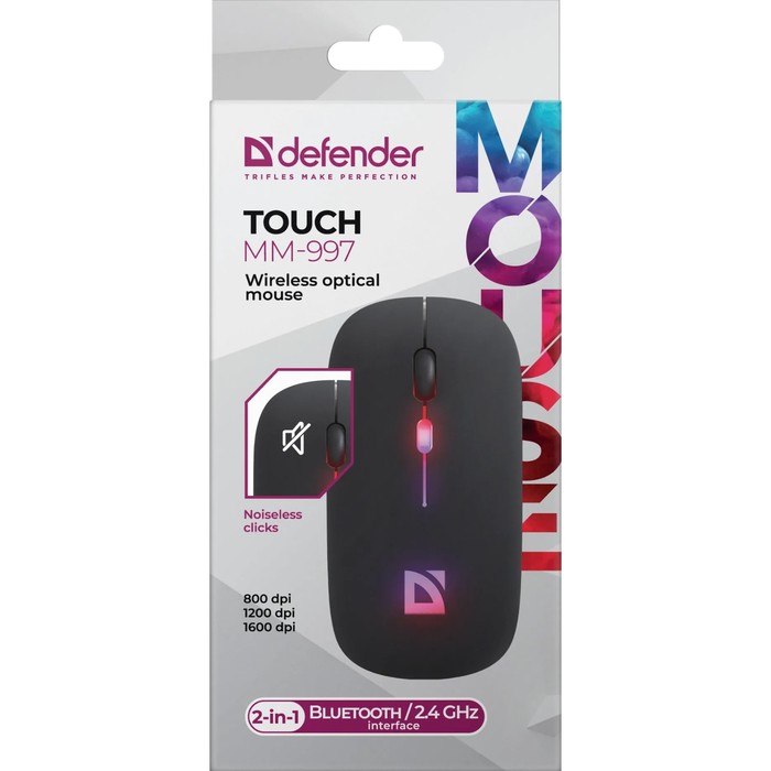 Мышь Defender Touch MM-997,беспровод,оптическая, бесшумная, RGB,1600 dpi,500 мАч,USB,черная