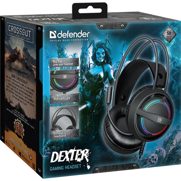 Наушники DEFENDER Dexter, игровые, полноразмерные, микрофон, USB, подсветка, чёрные