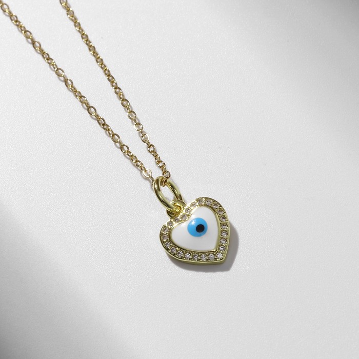 Кулон-оберег "Мини" сердце с глазом, цвет бело-голубой в серебре, 38 см