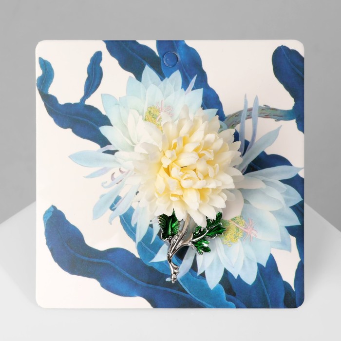 Брошь «Цветок» хризантема, цвет бело-зелёный в серебре - Фото 1