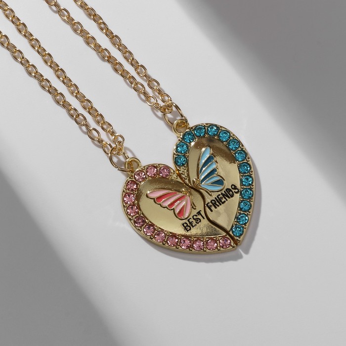 Кулоны "Неразлучники" бабочка в сердце, цвет розово-голубой в золоте, 45 см