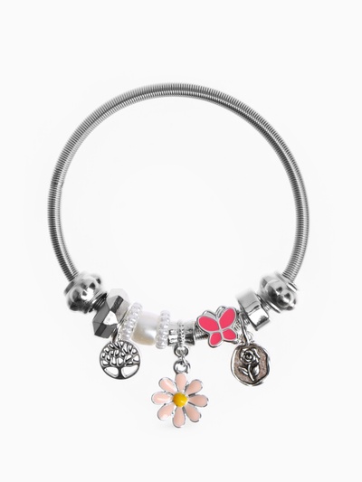 Браслет с шармами «Марджери» одинарный, цветочек, розовый в серебре