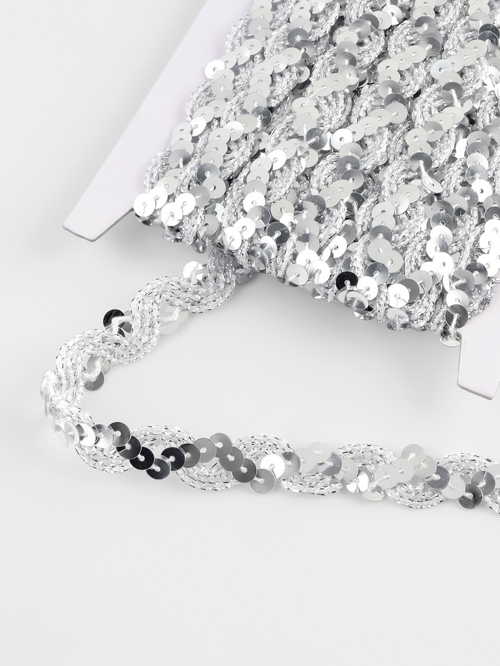 Тесьма декоративная с пайетками, 15 мм, 9,1 ± 0,5 м, цвет серебряный - Фото 1