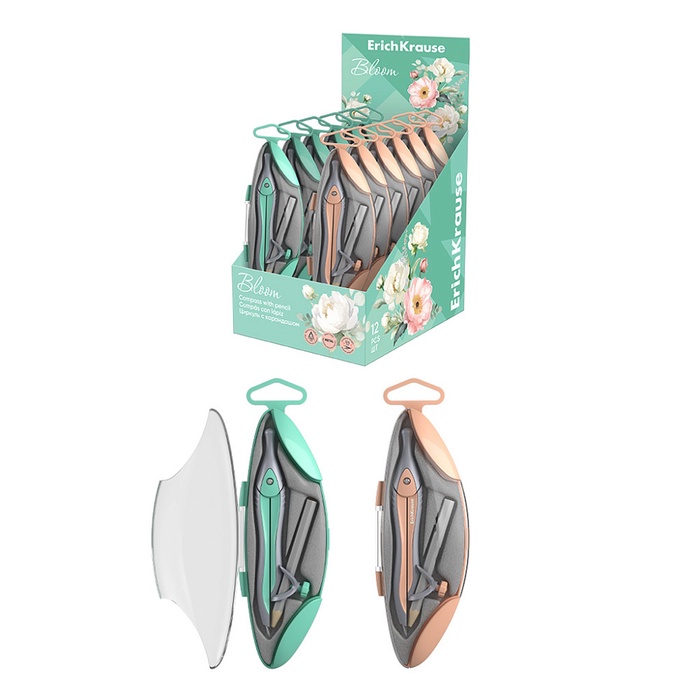 Циркуль металлический ErichKrause «Pastel Bloom», 125 мм, с карандашом, пенал, МИКС - Фото 1