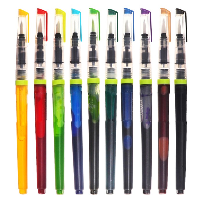 Набор кистей синтетика 10 штук заправленная тушью, 10 цветов - Фото 1