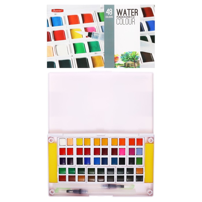 Краски акварельные, + 2 штуки кисти, в пластиковой коробке, 48 цветов - Фото 1