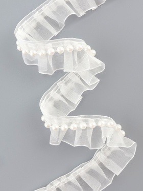 Рюш капроновый, с бусинами, 30 мм, 4.5±0.5 м, белый