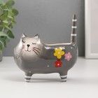 Сувенир керамика подставка "Серый упитанный котик с цветами" 11,2х7,6х11,8 см - фото 3510854