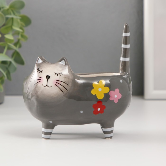 Сувенир керамика подставка "Серый упитанный котик с цветами" 11,2х7,6х11,8 см - Фото 1