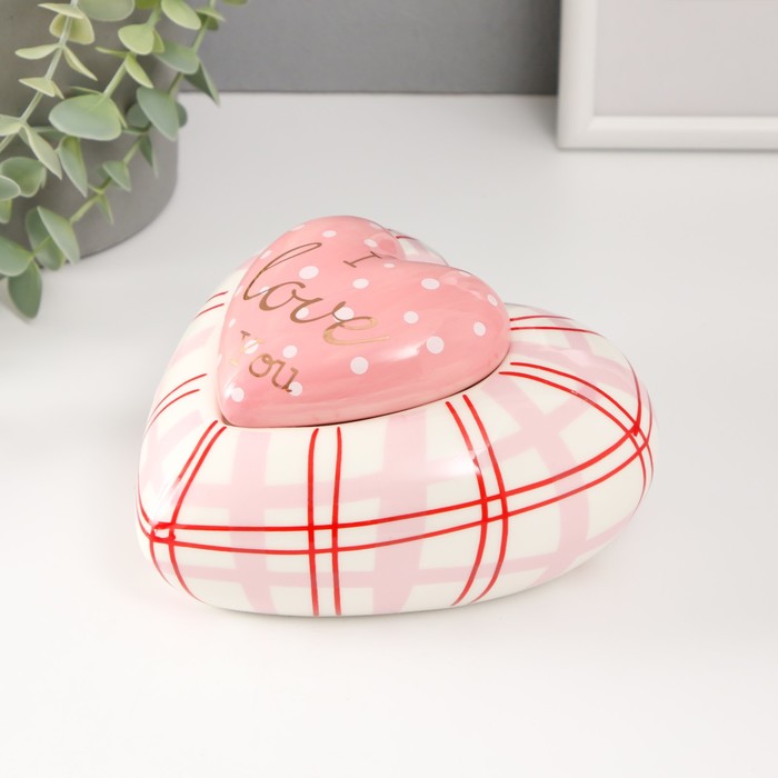 Шкатулка керамика "Розовое сердце в горошек, в клеточку" 15,7х15,3х8,2 см