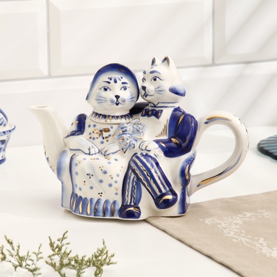 Чайник керамика гжель «Кошки», 20×10×14 см, кобальт с золотом