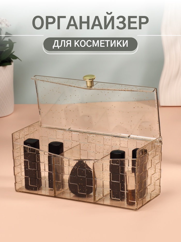 

Органайзер для хранения «SHINE», с крышкой, 3 секции, 21,5 × 8,8 × 9,5 см, цвет прозрачный/золотистый