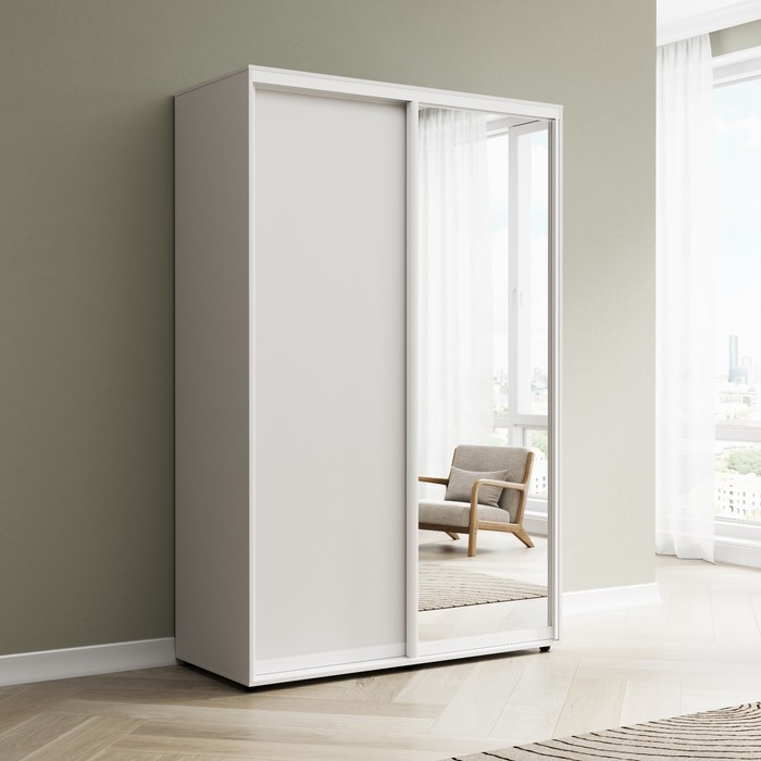 Шкаф-купе «Сим ДЗ», 1400×600×2300 мм, ЛДСП/зеркало, с ящиками, цвет белый шагрень - Фото 1