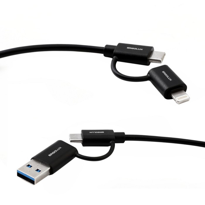 Кабель  4 в 1 ERGOLUX ELX-CDC07-C02, USB - Type-C/ Type-C/ Lightning, 5А, 1.2м, черный