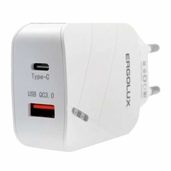 Сетевое зарядное устройство ERGOLUX ELX-РA01QC-C01, 1 USB/USB-C, 3A, быстрая зарядка, белое