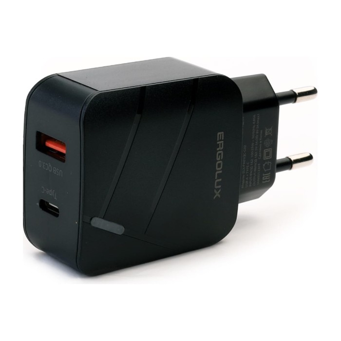 Сетевое зарядное устройство ERGOLUX ELX-РA01QC-C01, USB/USB-C, 3A, быстрая зарядка, черное