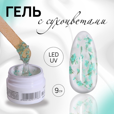 Гель для наращивания, с сухоцветами, трехфазный, 9 г, LED/UV, прозрачный, бирюзовый