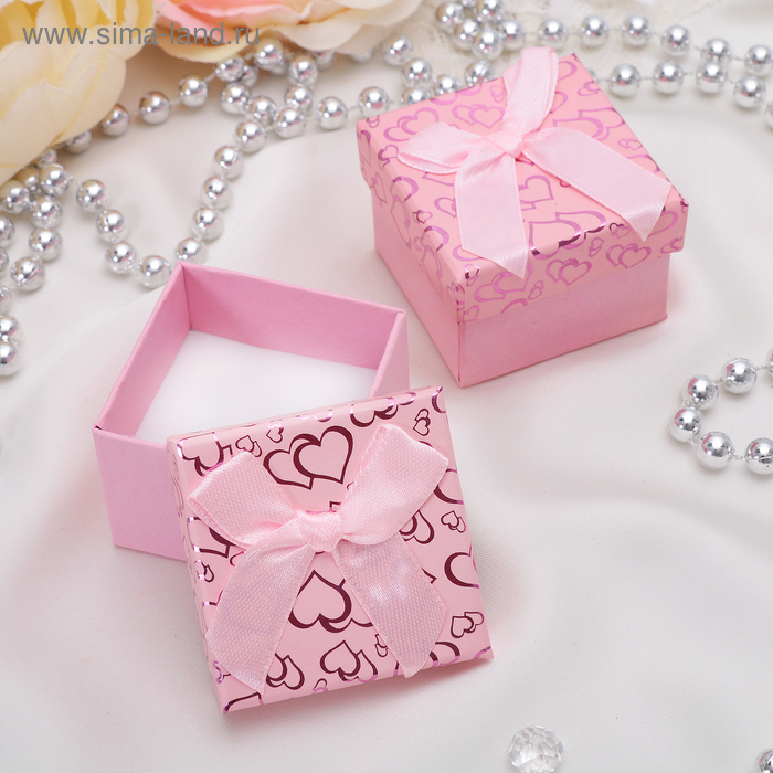 Коробочка подарочная под кольцо "Блестящие сердца", 5*5, цвет розовый - Фото 1