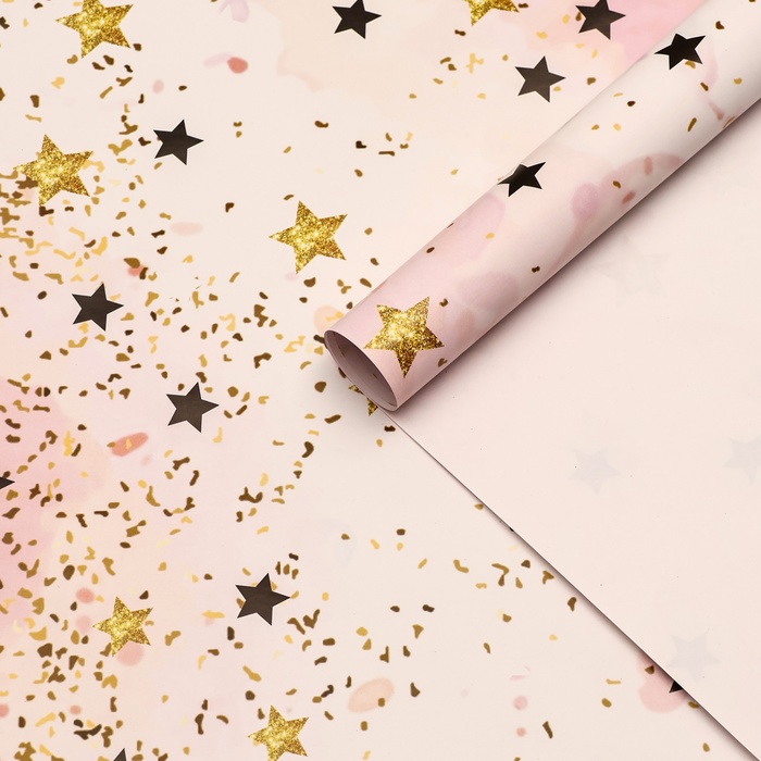 Бумага упаковочная, глянцевая  "Звезды", розовый, 70 х 100 см, 1 лист
