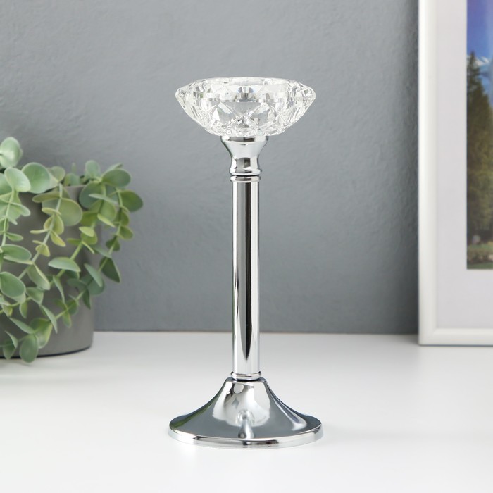 Подсвечник металл, стекло на 1 свечу "Кристальная чаша" d= 5 см серебро 9х9х20,5 см - Фото 1