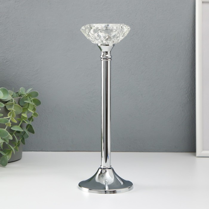 Подсвечник металл, стекло на 1 свечу "Кристальная чаша" d= 5 см серебро 9х9х27 см - Фото 1