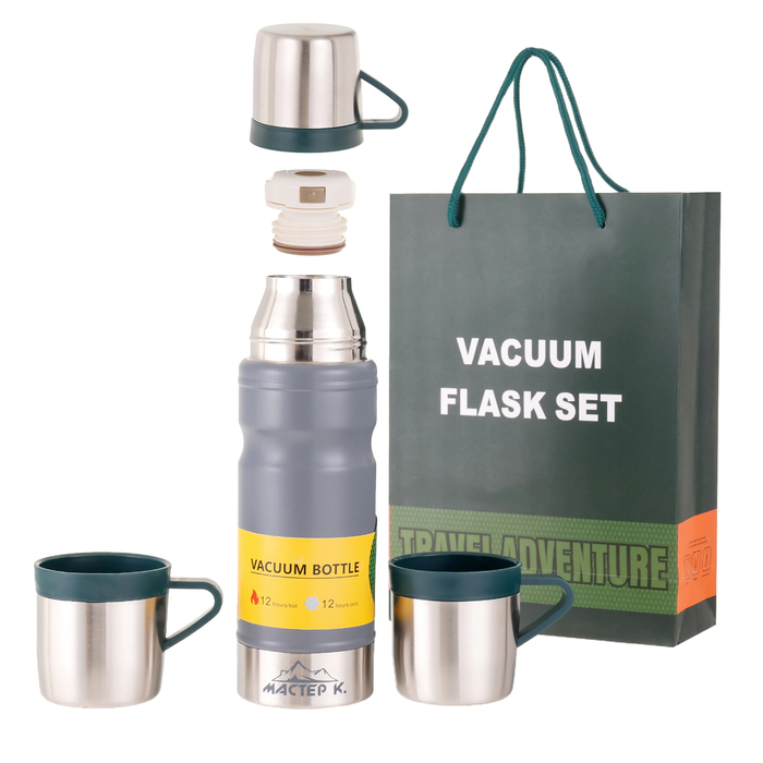 Набор «Мастер К»: термос 680 мл и 3 кружки, сохраняет тепло 12 ч, серый - Фото 1