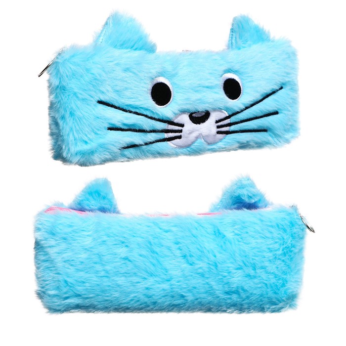 Пенал школьный на молнии Calligrata «Котик», меховой, пушистый, с ушками, голубой - Фото 1