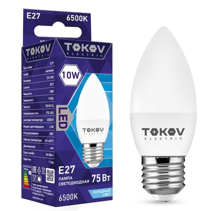 

Лампа светодиодная TOKOV ELECTRIC, 10 Вт, С37, 6500 К, Е27, 176-264В