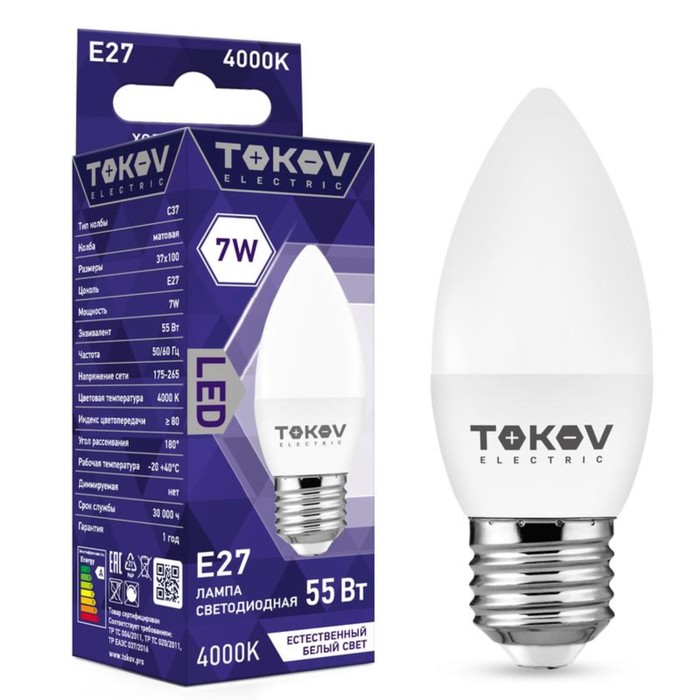 Лампа светодиодная TOKOV ELECTRIC, 7 Вт, С37, 4000 К, Е27, 176-264В - Фото 1