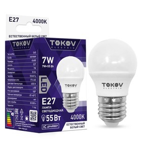 Лампа светодиодная TOKOV ELECTRIC, 7 Вт, G45, 4000 К, Е27, 176-264В 10402029