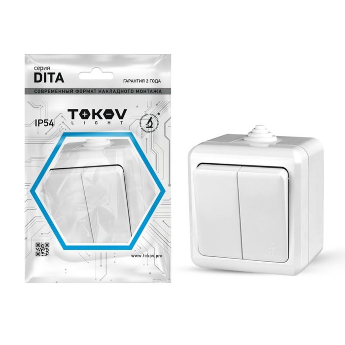 Выключатель  TOKOV ELECTRIC, Dita, 2 клавиши, P54, 10А, 250В, белая, TKL-DT-V2-C01-IP54 - Фото 1