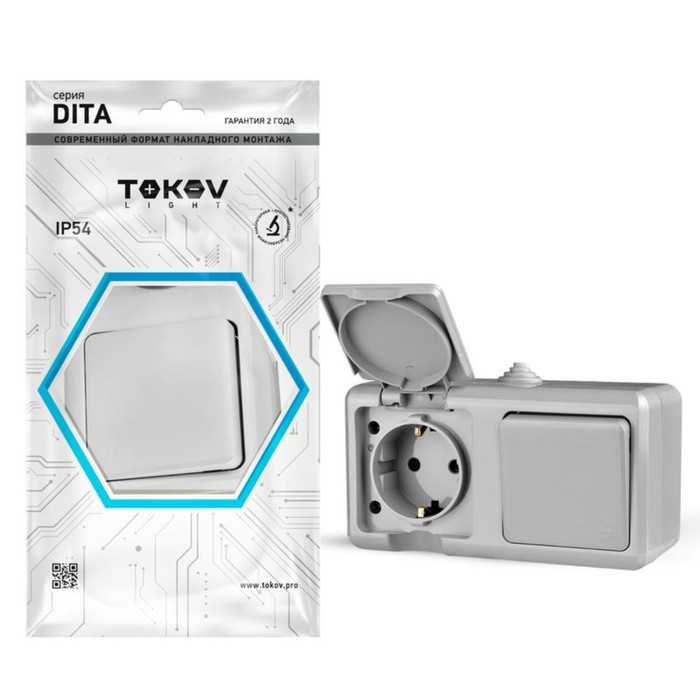 Блок TOKOV ELECTRIC, Dita (розетка 16А, 250В, с з/к + 1-кл. выкл. 10А), IP54, серый, TKL-DT-V1RZ-C06 - Фото 1