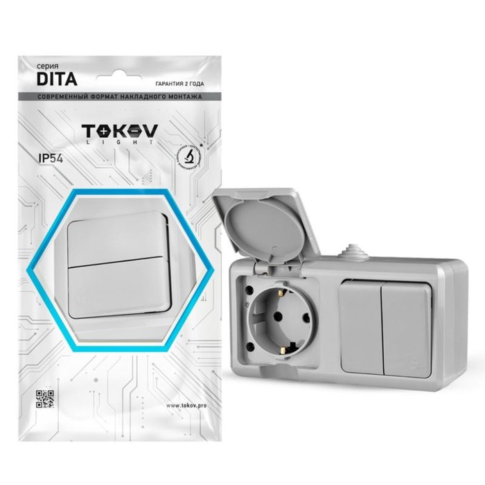 Блок TOKOV ELECTRIC, Dita (розетка 16А, 250В с з/к + 2-кл. выкл. 10А), IP54, серый, TKL-DT-V2RZ-C06 - Фото 1