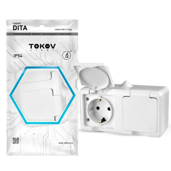 Розетка TOKOV ELECTRIC, Dita, 2-м, 16А, IP54, 250В, с з/к, с кр, белый, TKL-DT-R2Z-C01-IP54 - Фото 1