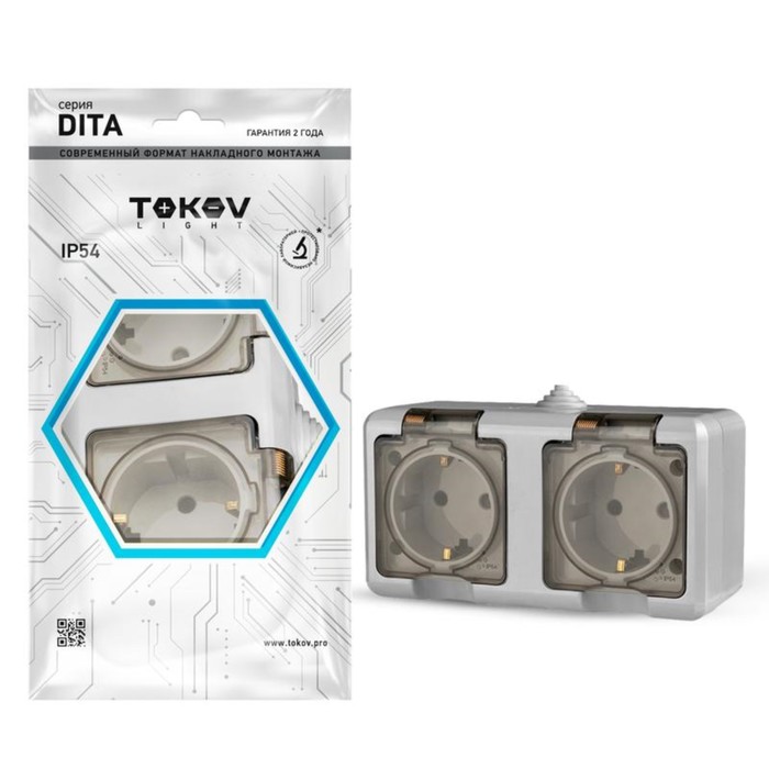Розетка TOKOV ELECTRIC,Dita, 2-м,16А,IP54,250В,с з/к,с прозр.кр,серый,TKL-DT-R2Z-C06T-IP54 - Фото 1