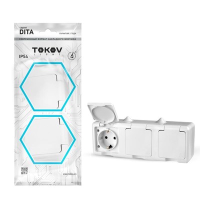 Розетка TOKOV ELECTRIC, Dita, трёхместная, 16 А, IP54, 250 В, с заземлением, с крышкой, белый, TKL-DT-R3Z-C01